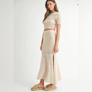 Mable Matching Set Beige Knit Coquette Cottagecore Midi Skirt Crop Top Set